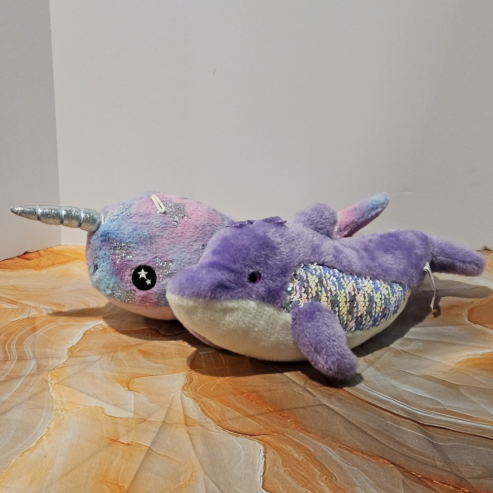 The Petting Zoo Dolphin Peekaboo Toys Narwhal Plush Bundle Purple Sequin